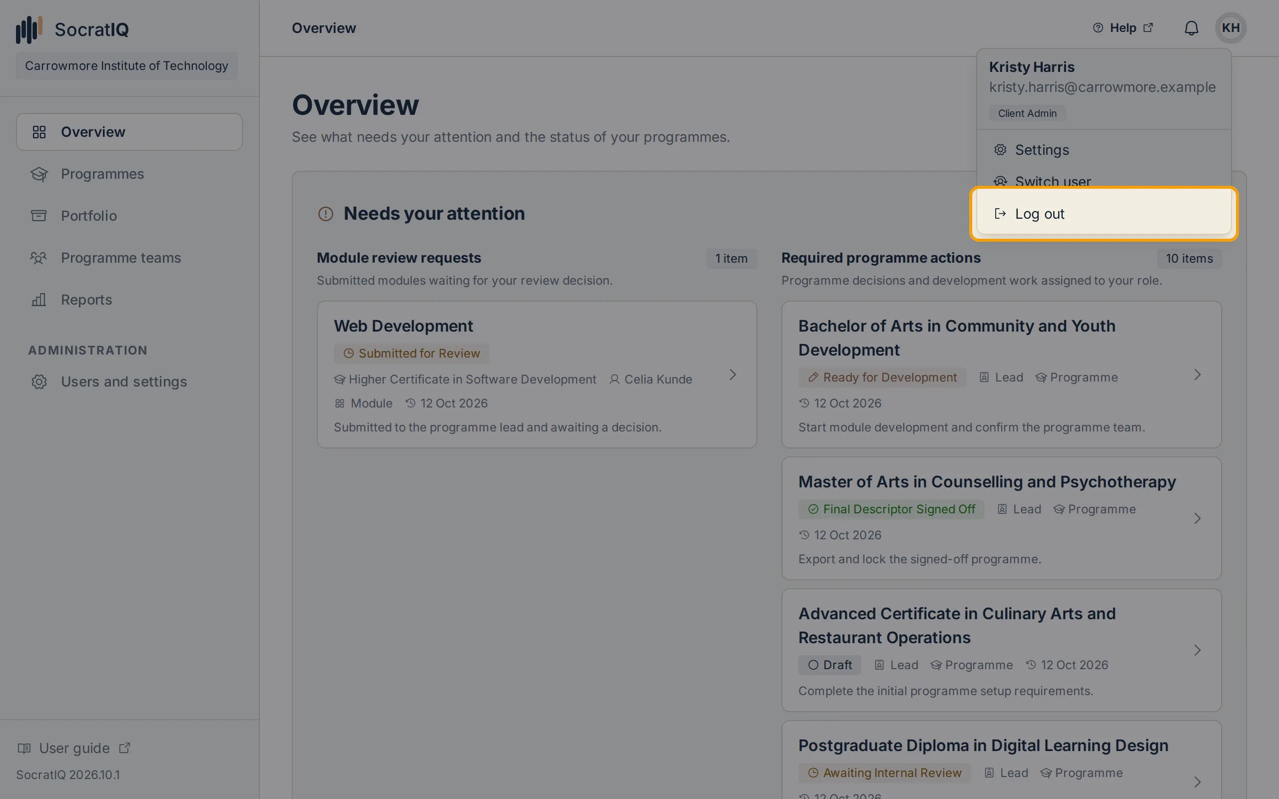 The user menu open at the top right with Log out highlighted