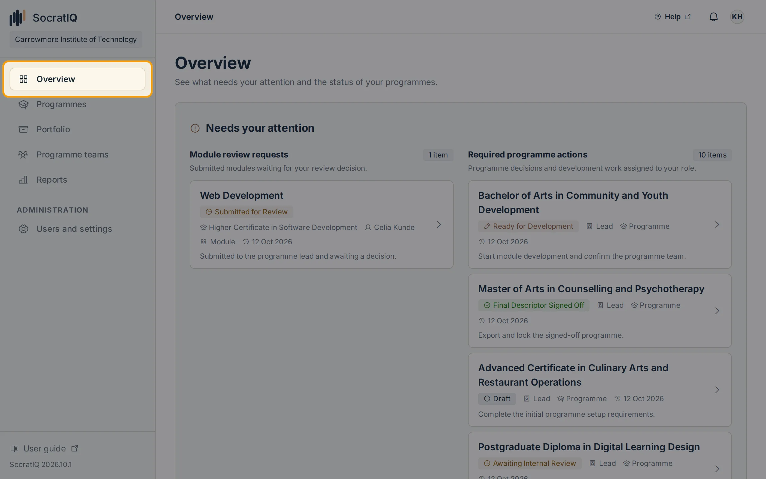 The workspace sidebar with Overview highlighted in the main menu