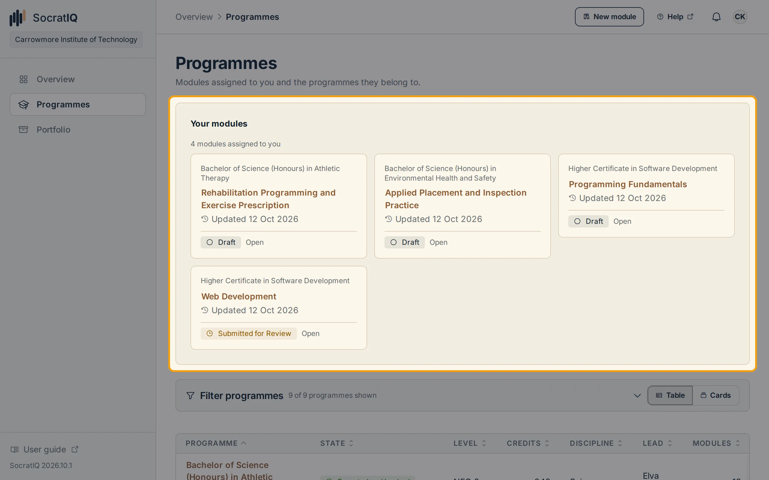 The Programmes page with the Your modules panel of assigned modules highlighted