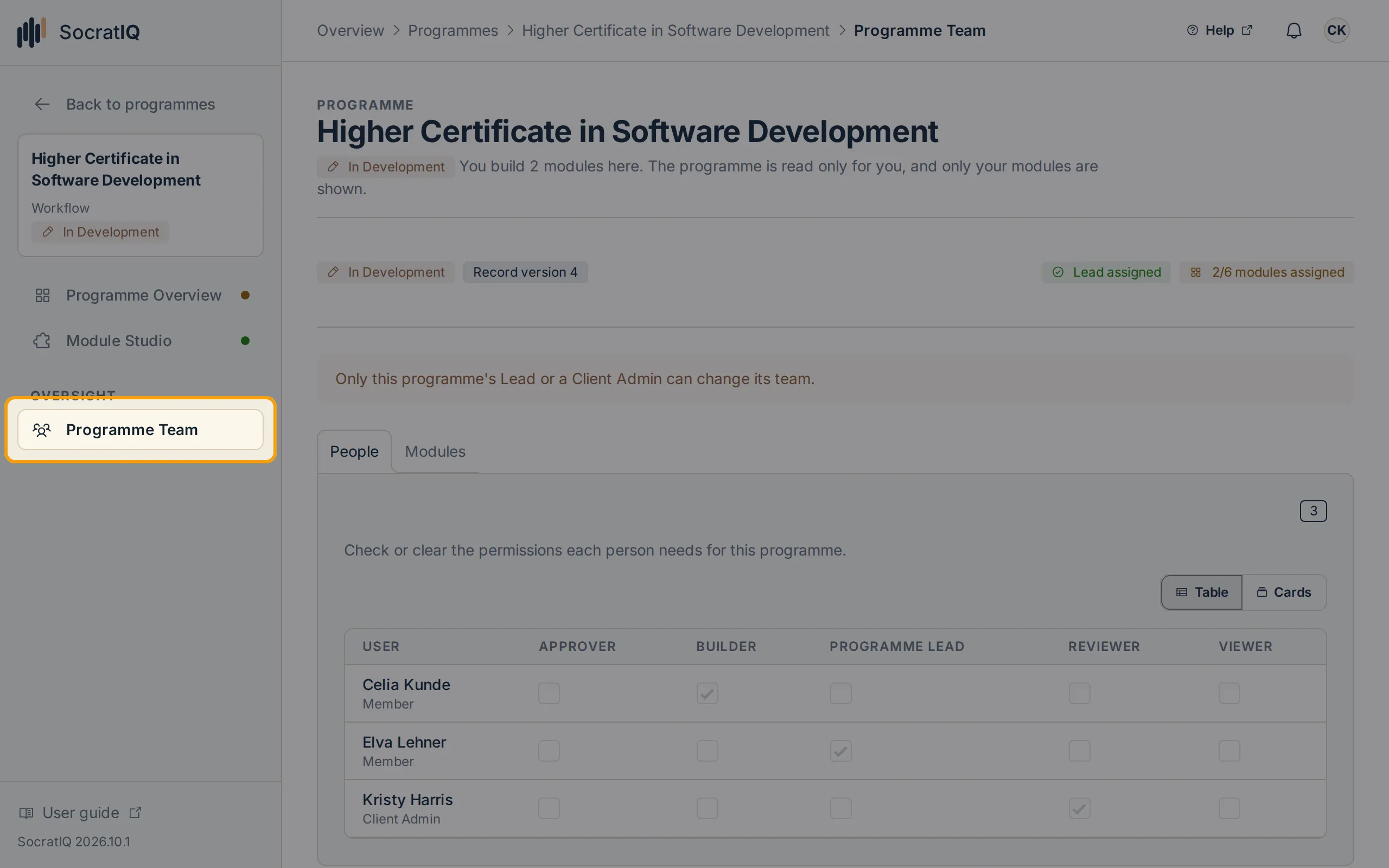 A programme open on its Programme Team page, with Programme Team highlighted in the sidebar