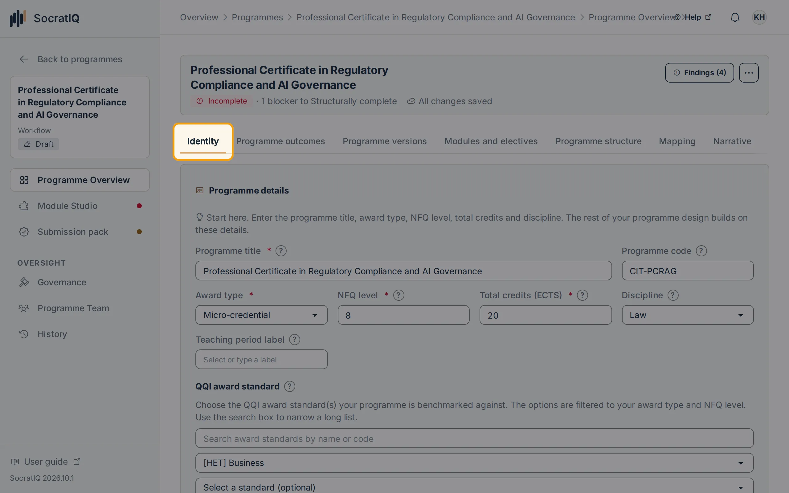 The Programme Overview with the Identity tab highlighted