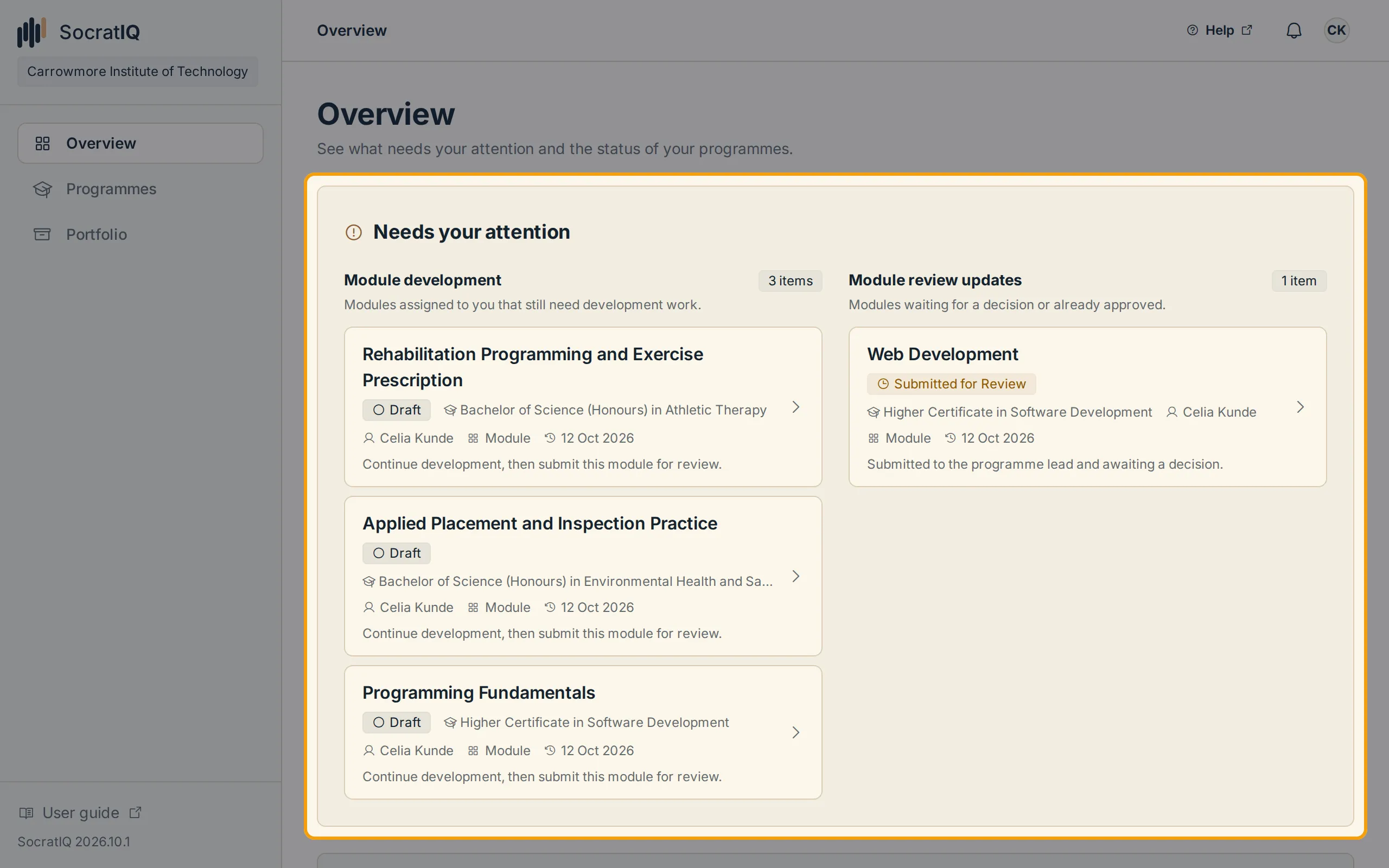 The Overview page with a Module Builder's Needs your attention panel highlighted