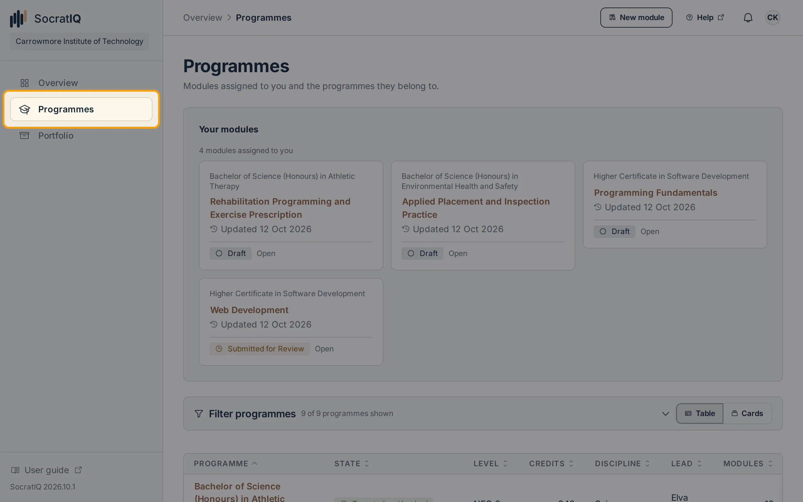 The workspace sidebar with Programmes highlighted in the main menu