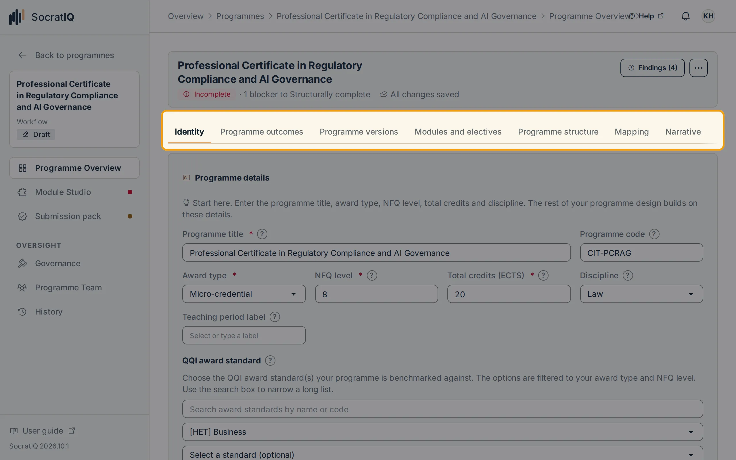 The Programme Overview section tabs highlighted, each showing whether it is complete