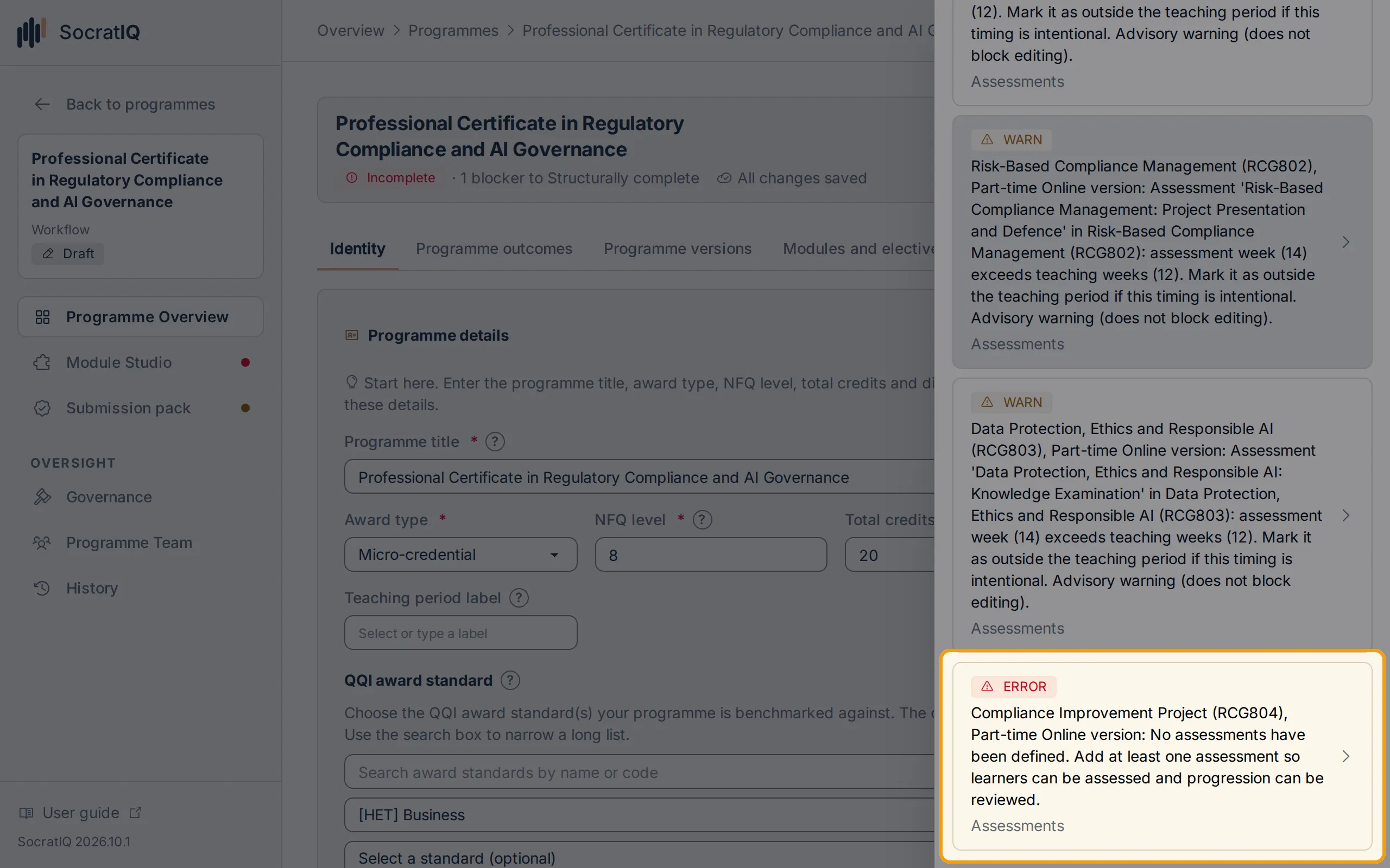 The Findings panel open with its first error highlighted, a module with no assessments yet