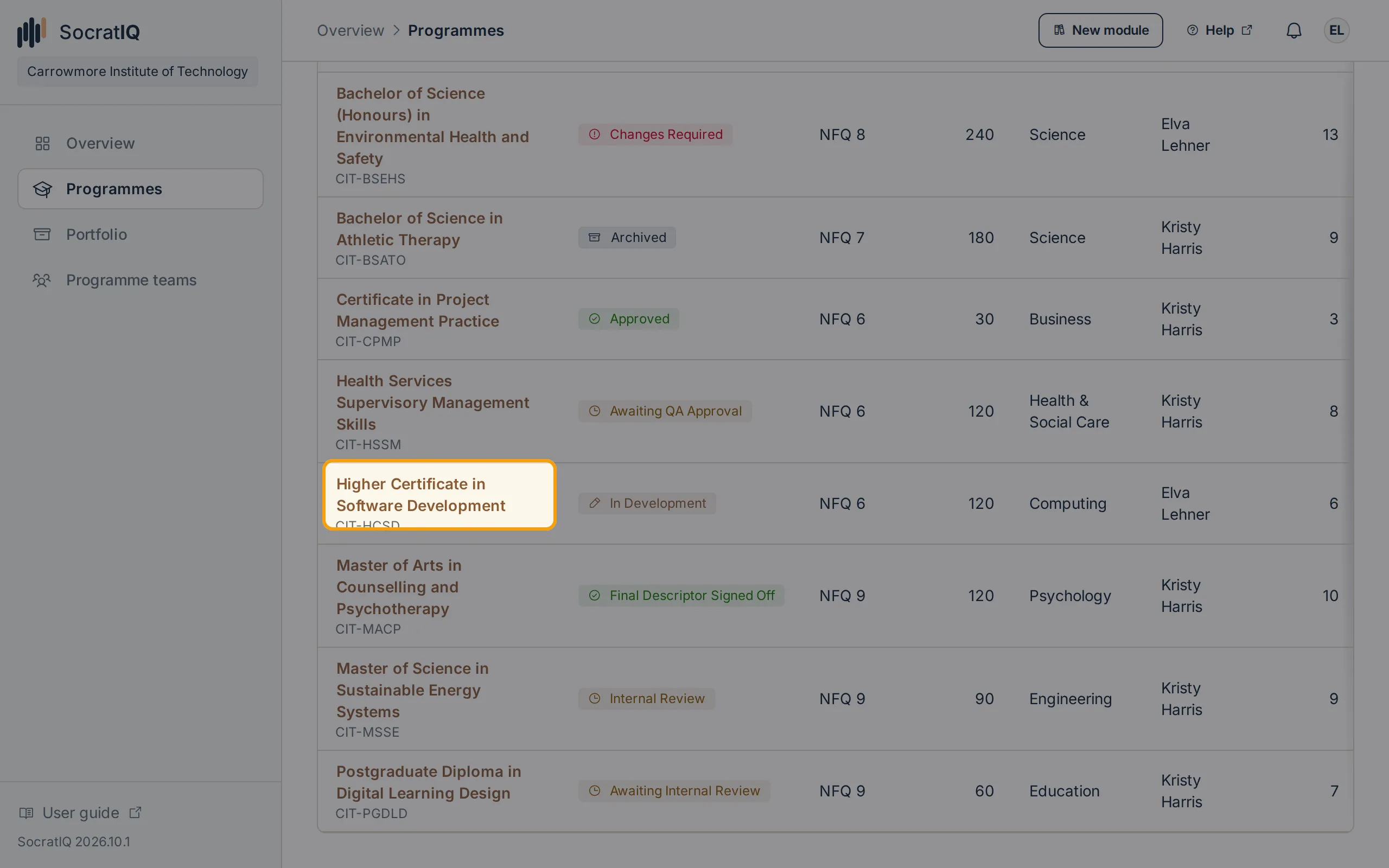 The programme list with a programme title highlighted