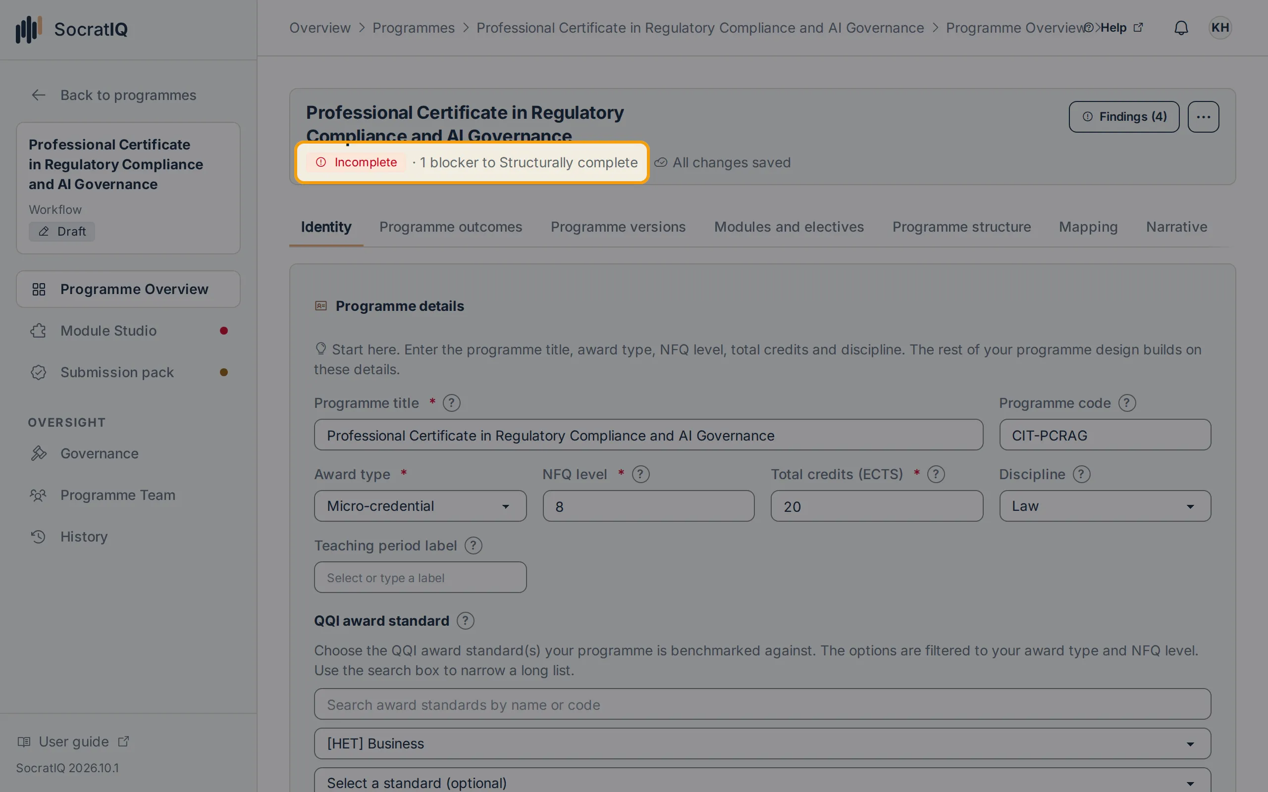 The programme header with its readiness status and blocker count highlighted
