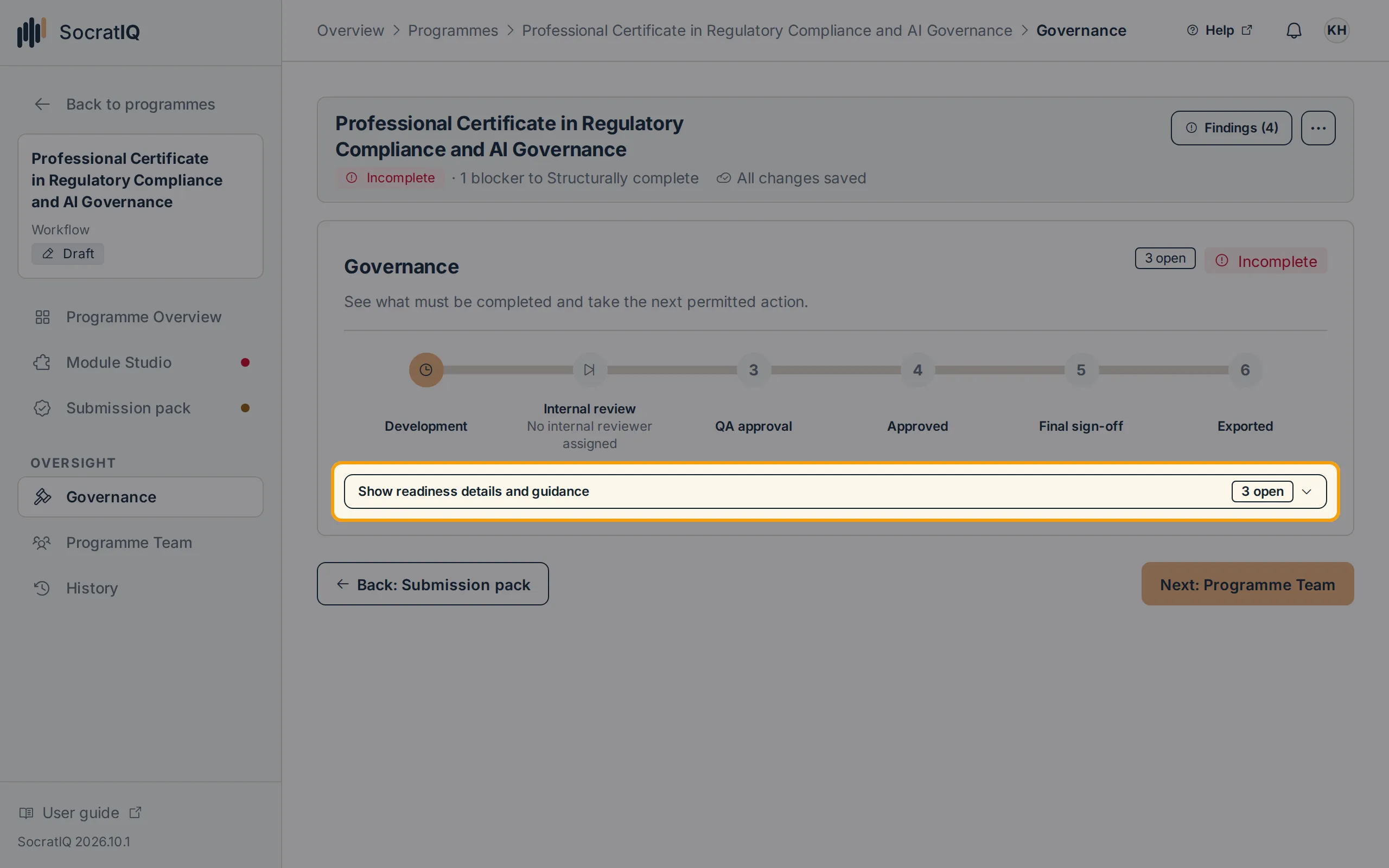 The Governance page with the Show readiness details and guidance control highlighted