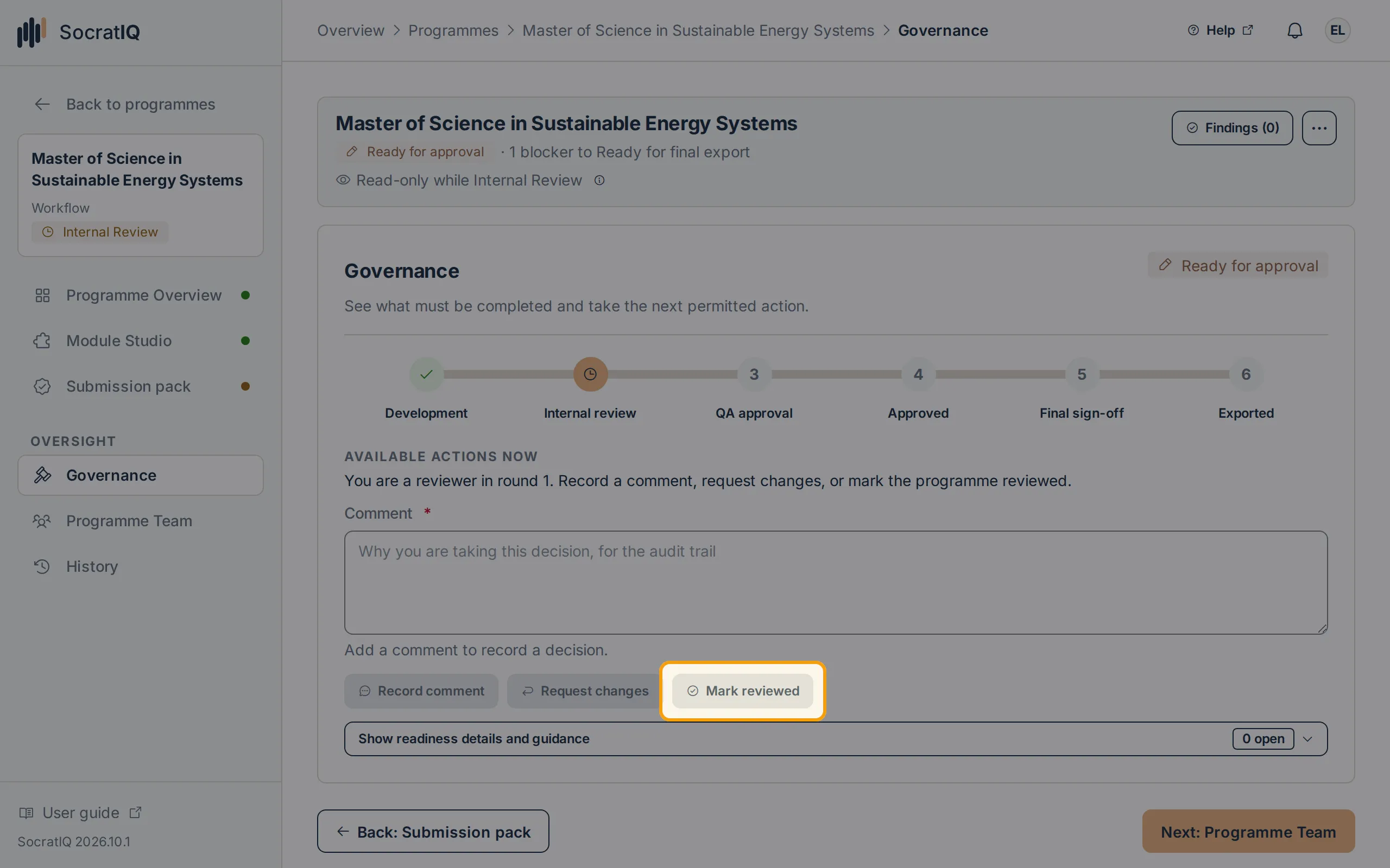 A Reviewer's Governance page with the Mark reviewed action highlighted